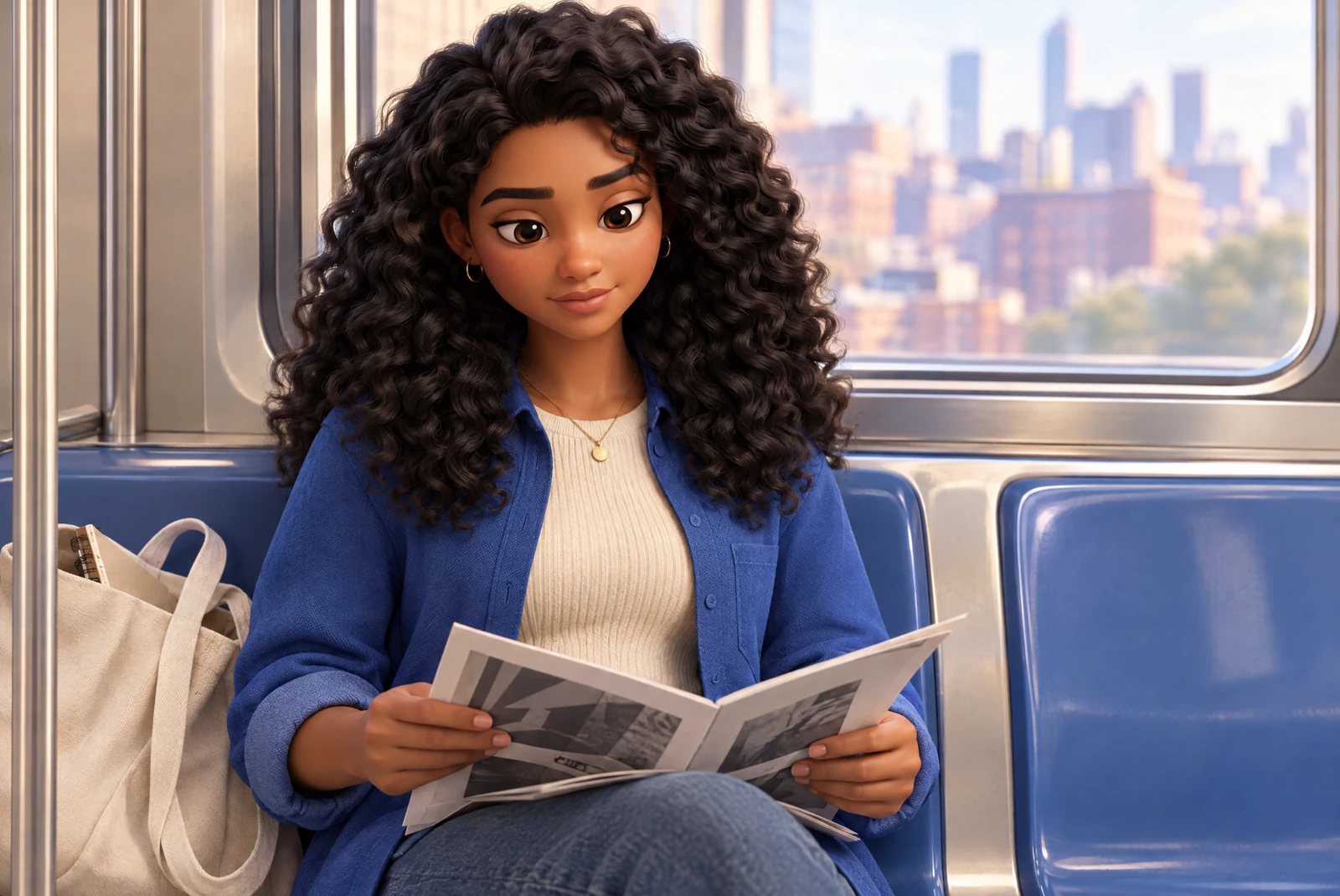 Marisol reads on the subway, with the city passing outside the window.