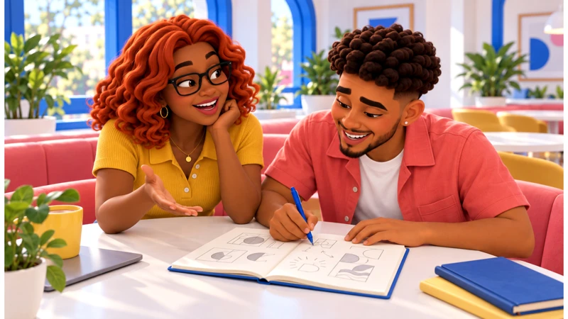 Mateo and Gia brainstorm the project’s origins in a notebook at a café table.