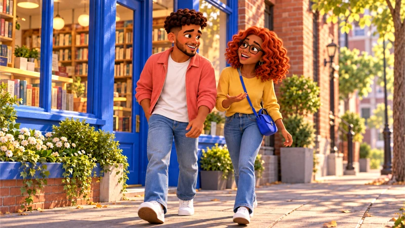 Mateo and Gia continue their conversation outside a brick bookshop in golden light.