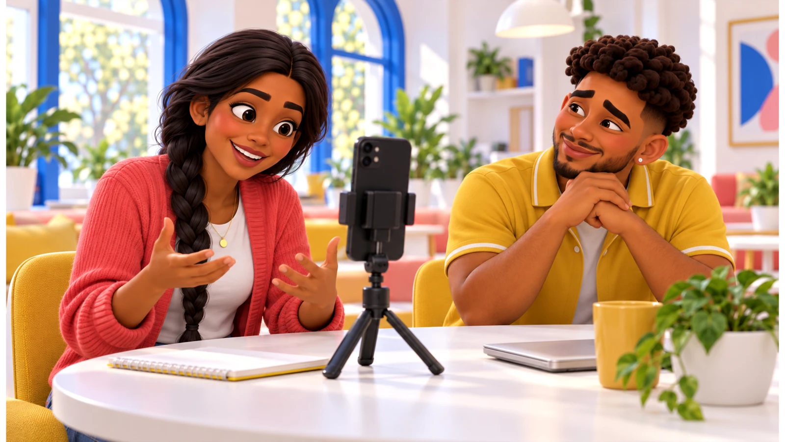 Anika records a voice-memo idea while Mateo listens beside a phone on a mini tripod.