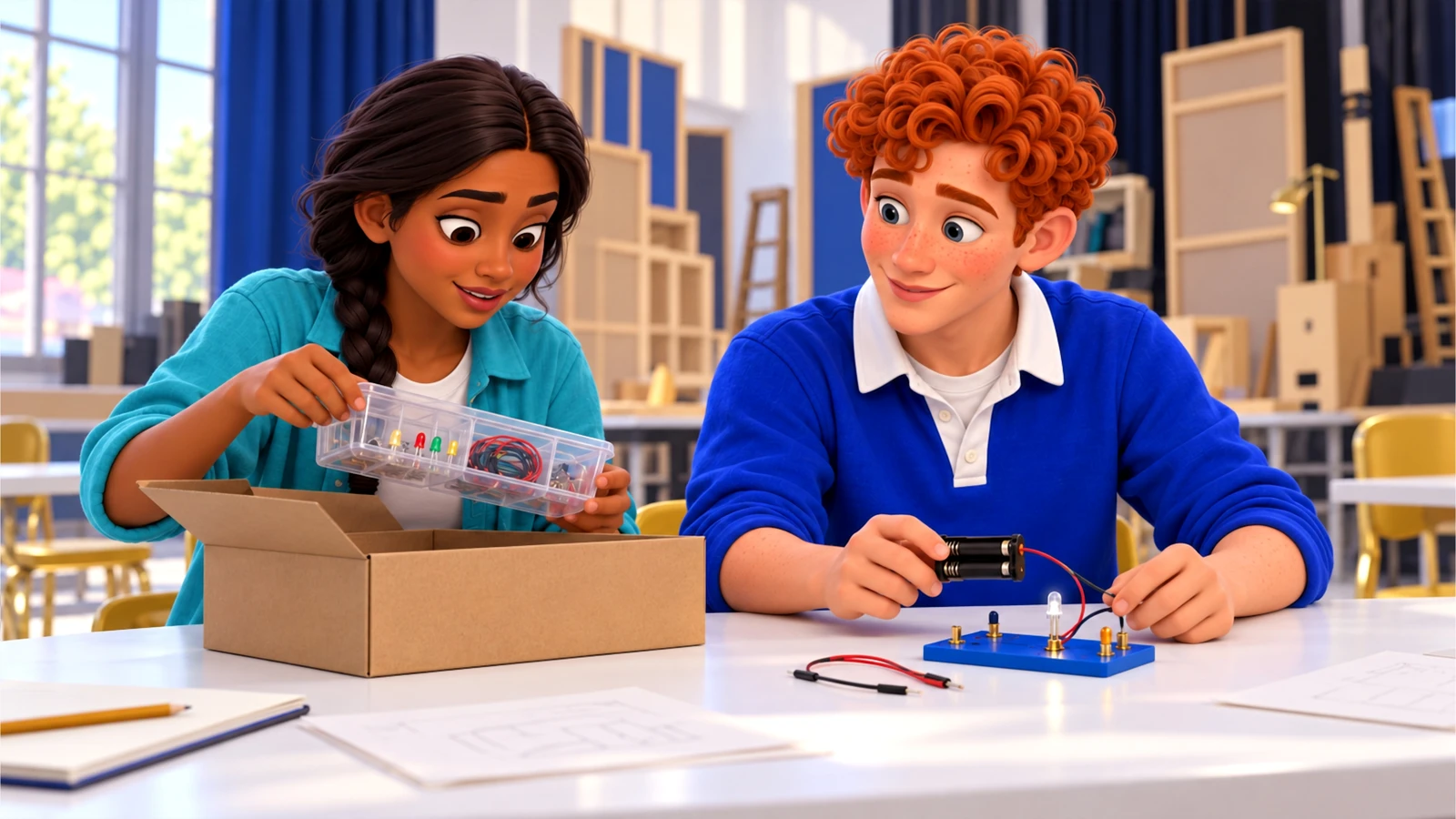 Anika and Dec unpack a small low-voltage LED kit at a study table.