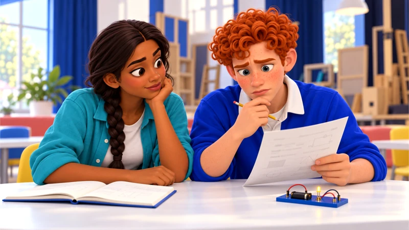 Dec studies a dense worksheet while Anika listens.