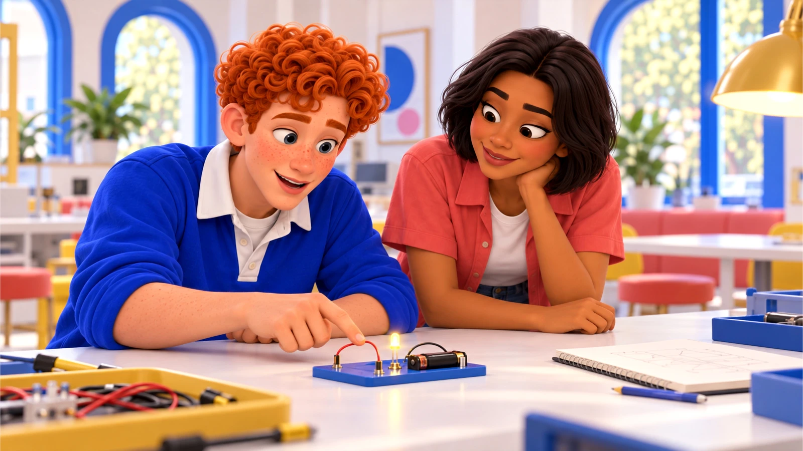 Dec calmly explains a battery-powered circuit to Mari.