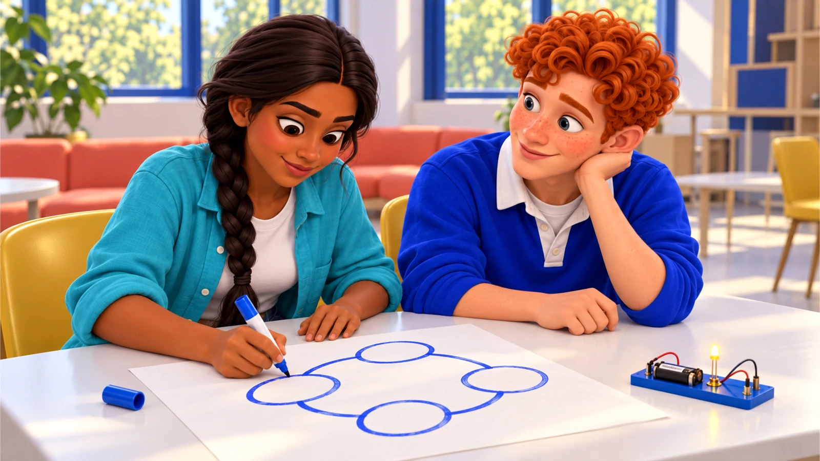 Anika draws a larger circuit sketch while Dec watches.