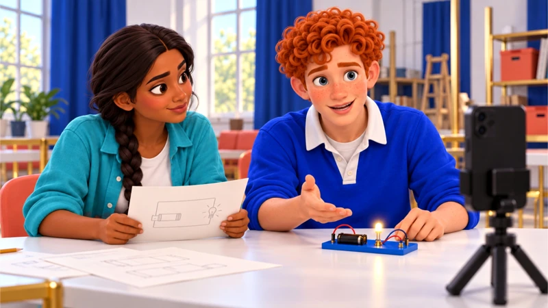 Anika and Dec record a spoken explanation with a phone on a small tripod.