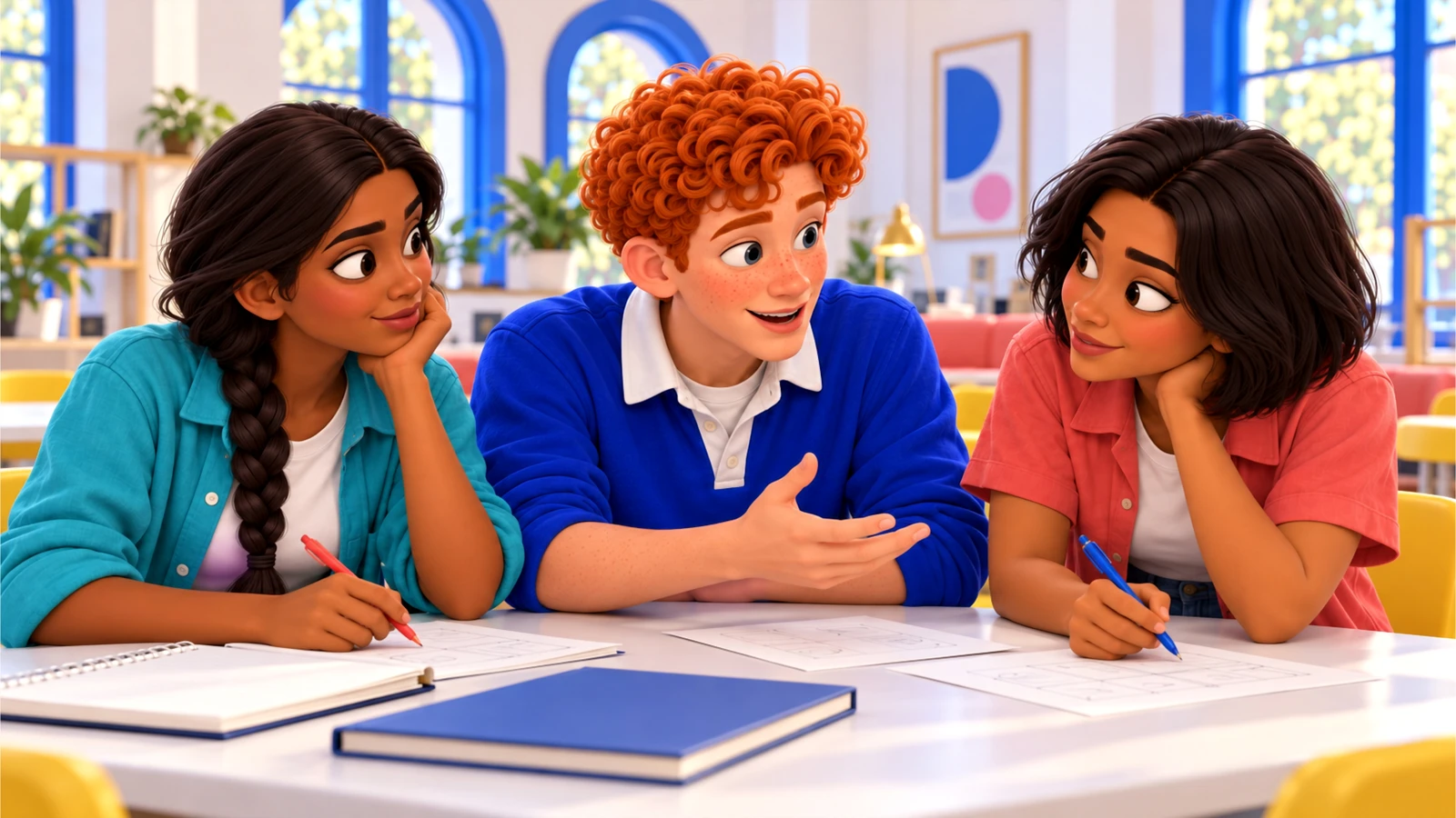Anika, Dec and Mari discuss a worksheet together.