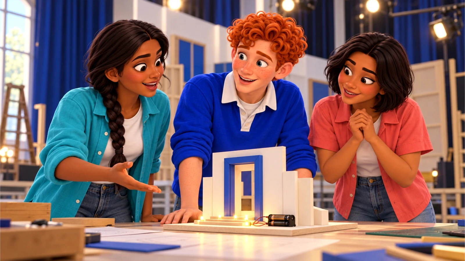 Anika, Dec and Mari laugh while checking their completed LED theatre set piece.
