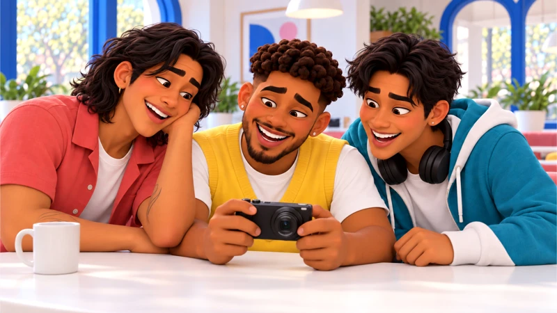 Caio, Mateo and Rafa laugh while looking at photos on a compact digital camera.