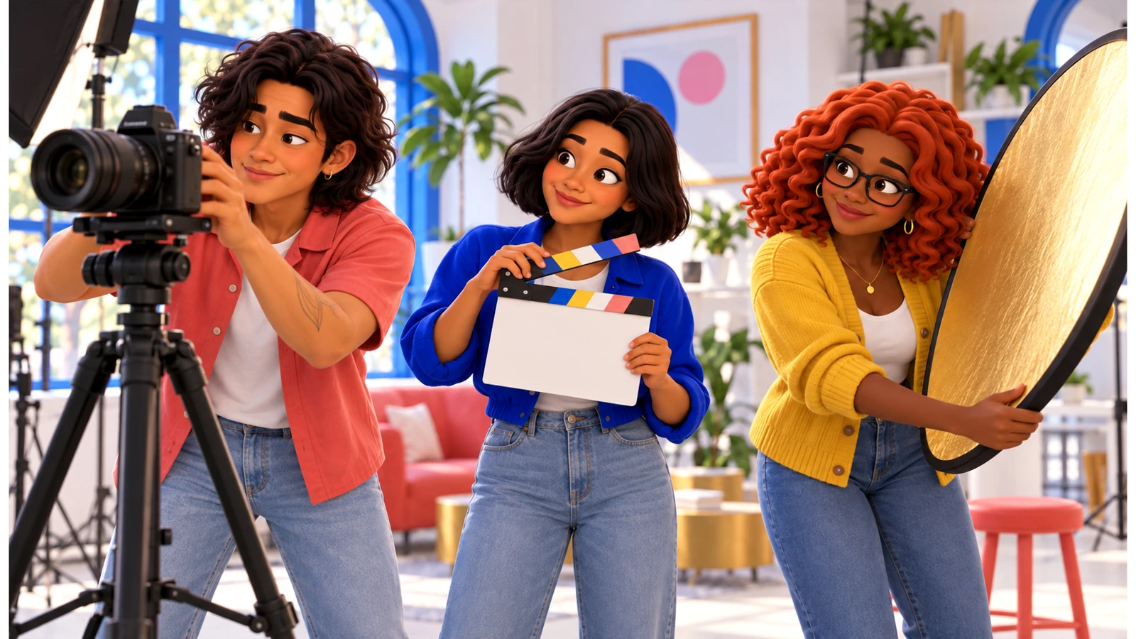Caio, Mari and Gia set up a camera shoot in a bright studio.