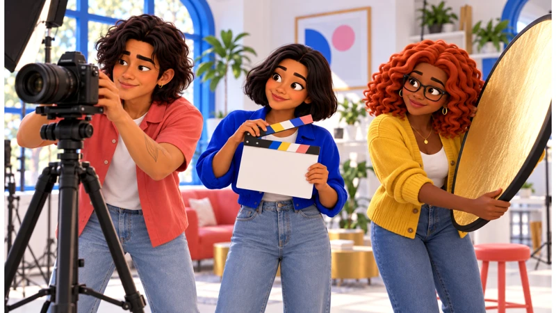 Caio, Mari and Gia set up a camera shoot in a bright studio.