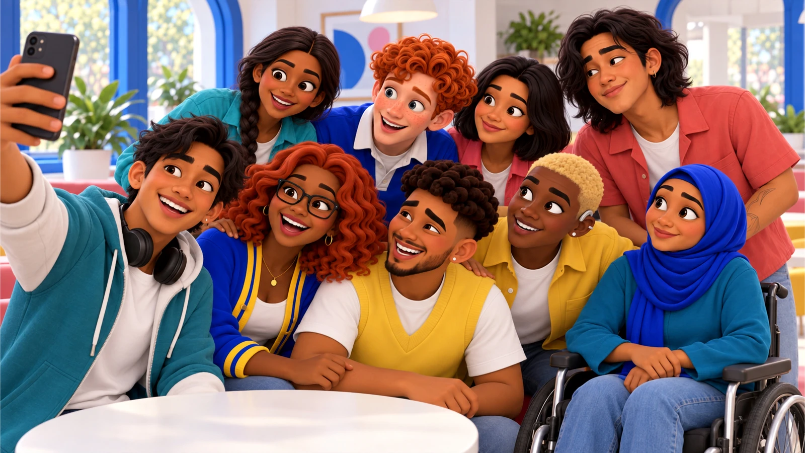 All nine friends crowd together for a selfie in the Common Room.