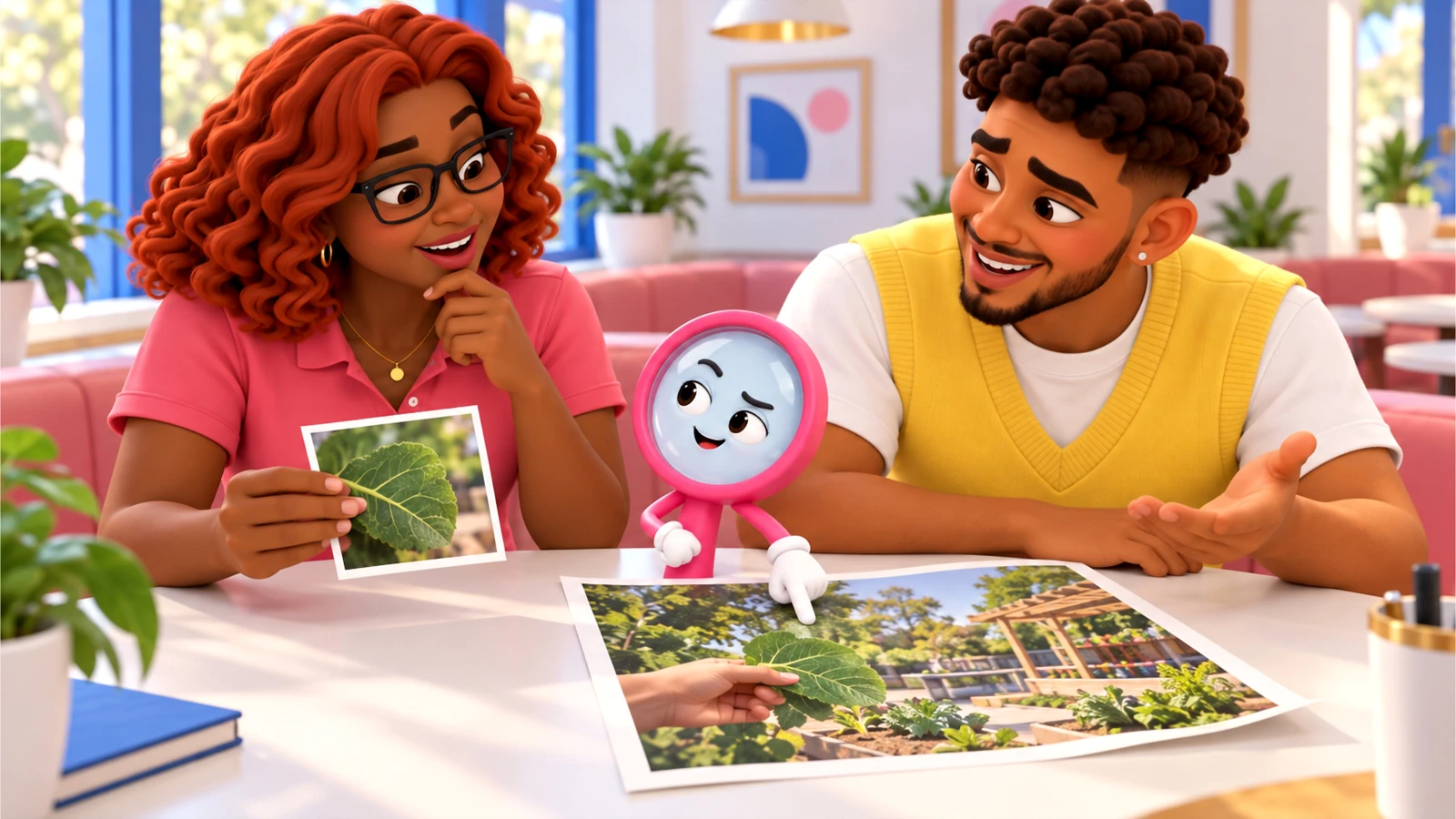 Gia and Mateo compare a cropped leaf photo with the full garden picture as small pink magnifying-glass Lupa points out the missing context.