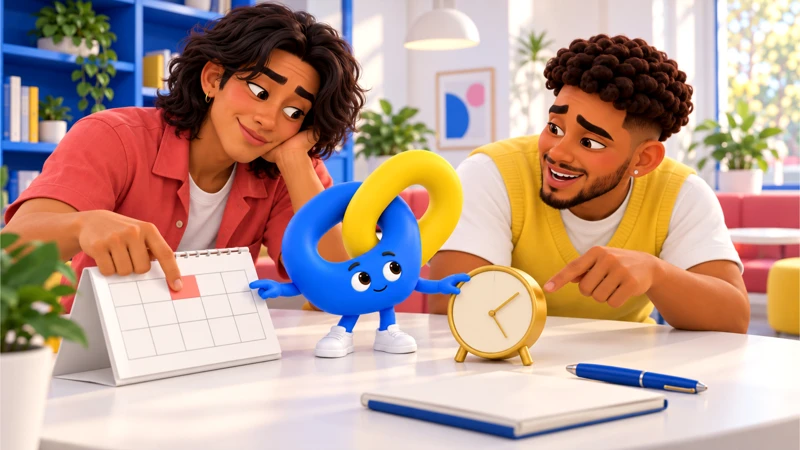 Caio and Mateo connect a marked calendar day with a work clock while small blue-and-gold interlocking-loop Nexo gestures between them.
