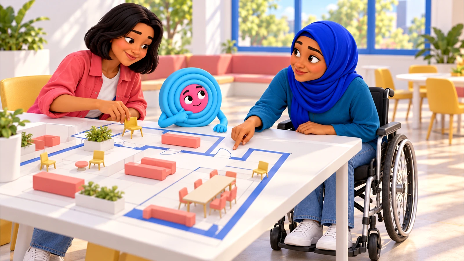 Sami, seated in her manual wheelchair, and Mari rearrange a tabletop room plan while cyan-and-pink ripple Onda considers the route with them.