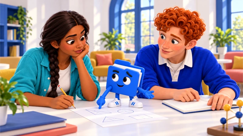 Anika and Dec examine a geometry assignment while small blue folder Pauta points to the task and looks up at them across a white Common Room table.