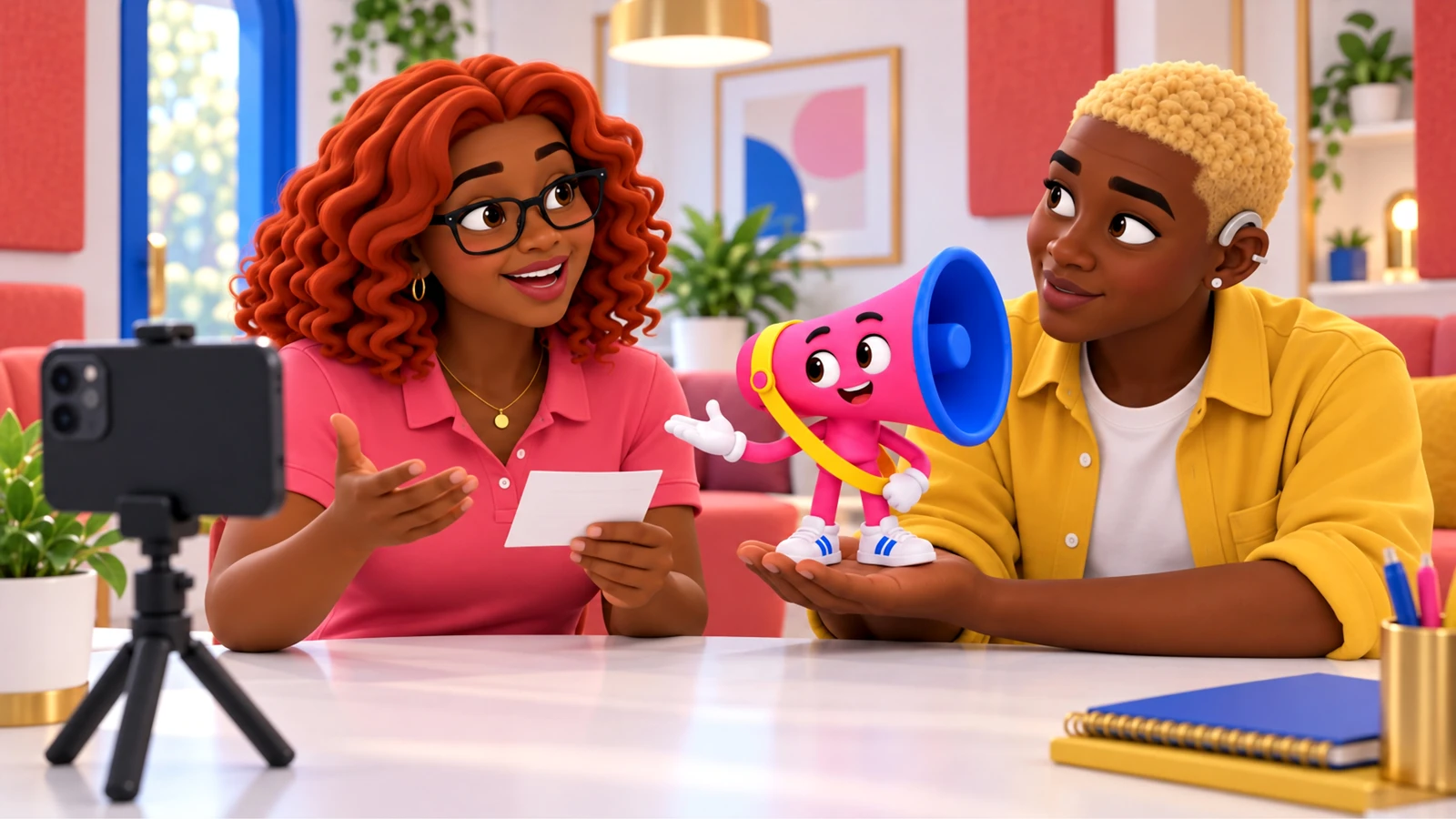 Gia rehearses an update beside a phone tripod as Jordy, wearing visible hearing aids, supports small pink-and-blue megaphone Voz on an open palm.