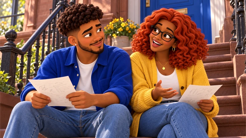 Mateo in a cobalt overshirt and Gia in a yellow cardigan compare their notes outside the Common Room.