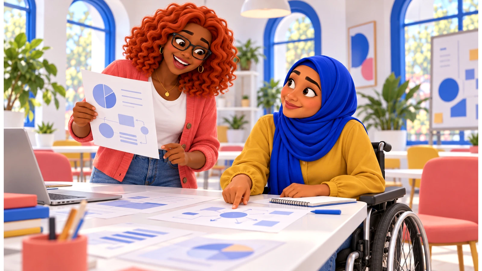 Gia and Sami compare printed case materials in a bright workshop room.