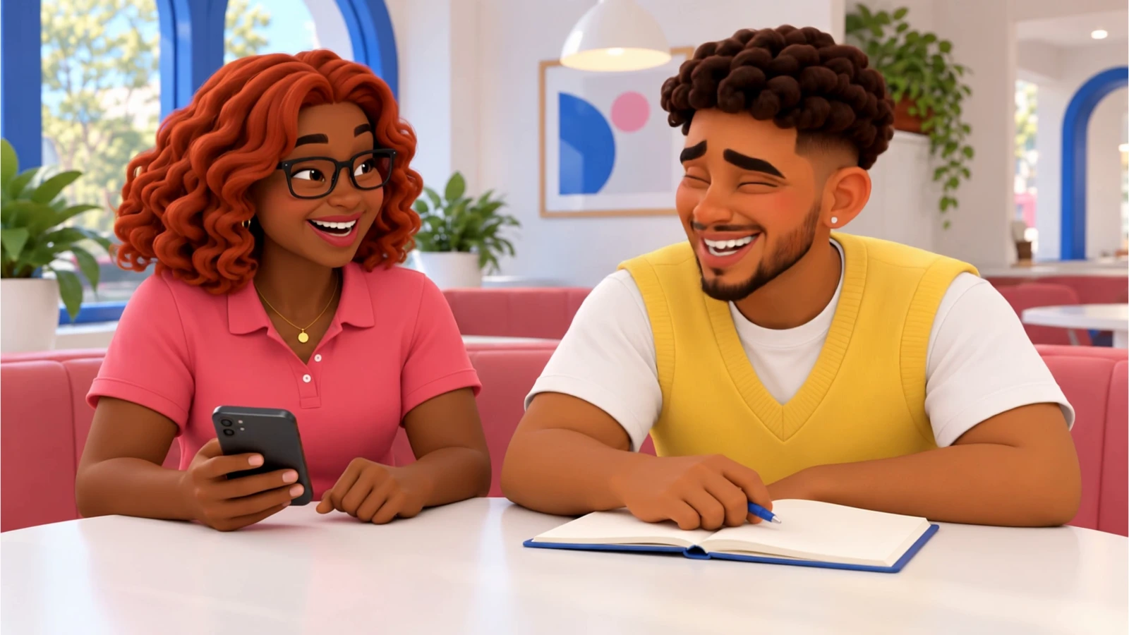 Mateo and Gia share a laugh over a phone at their usual café table.