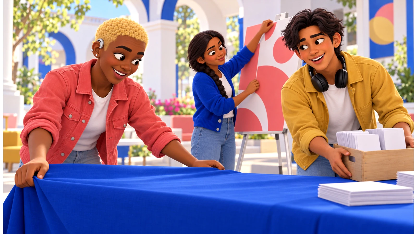 Jordy, Rafa and Anika set up a campus organization table.