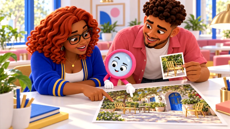 Gia and Mateo compare a cropped courtyard picture with the full photograph while Lupa points to the missing context.