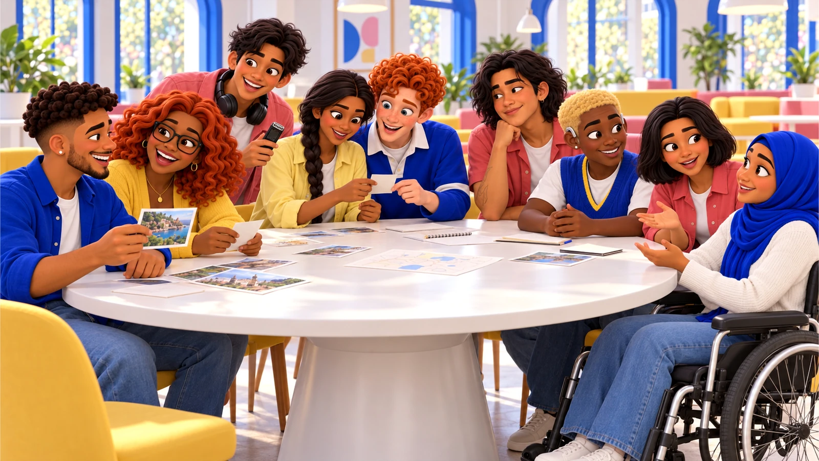 The nine neighbors compare notes, listen and prepare an update around an accessible white table.