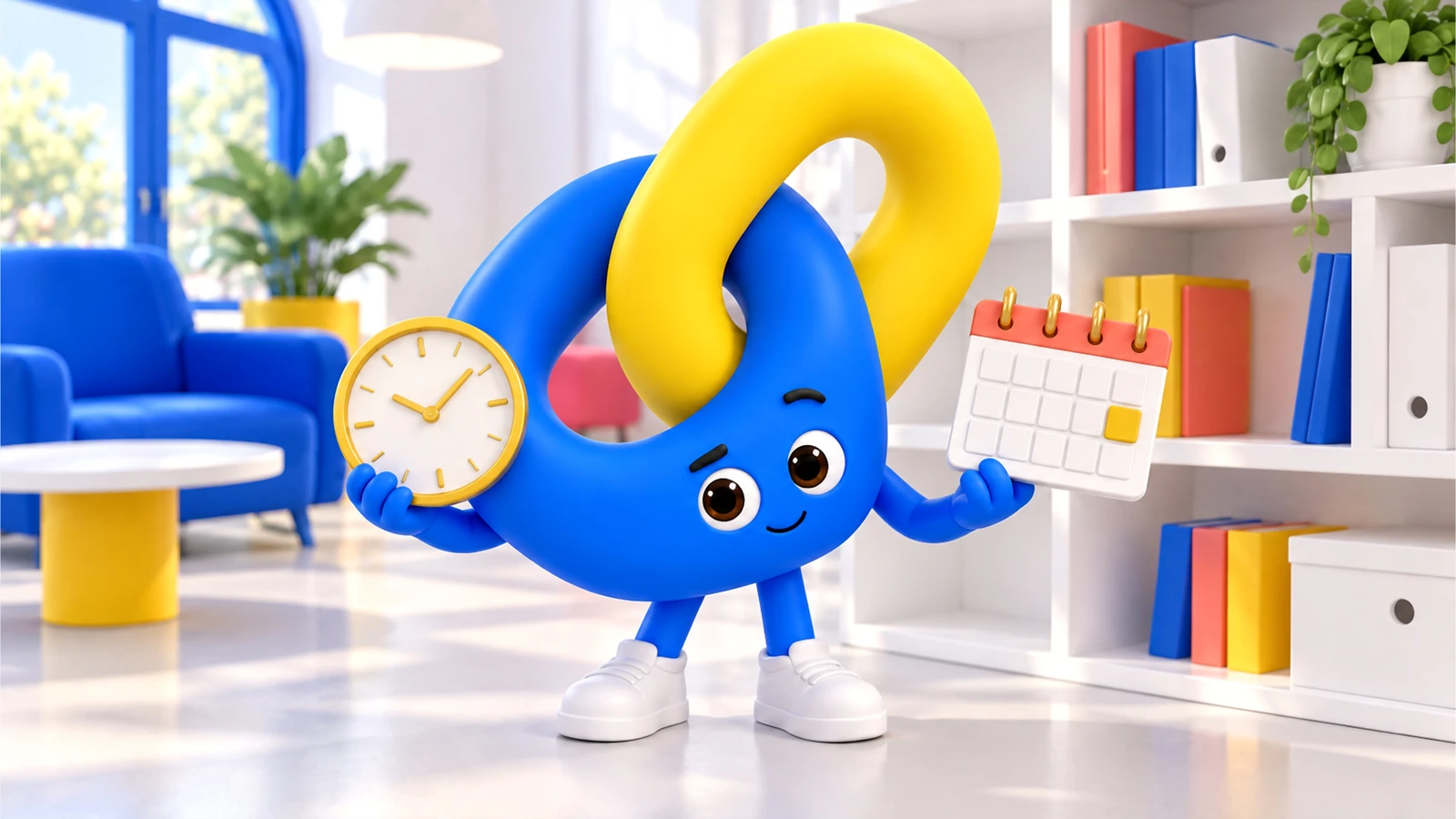 Nexo presents a clock and a blank calendar card while looking toward the viewer.