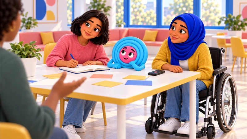 Mari, Sami and Onda listen and compare priorities at an accessible table in the Common Room.