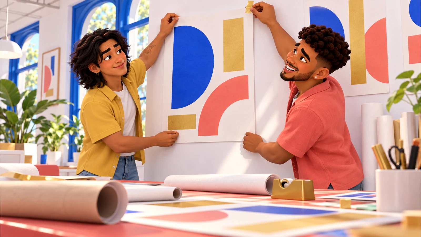 Caio and Mateo hang fresh abstract posters on a white printshop wall.
