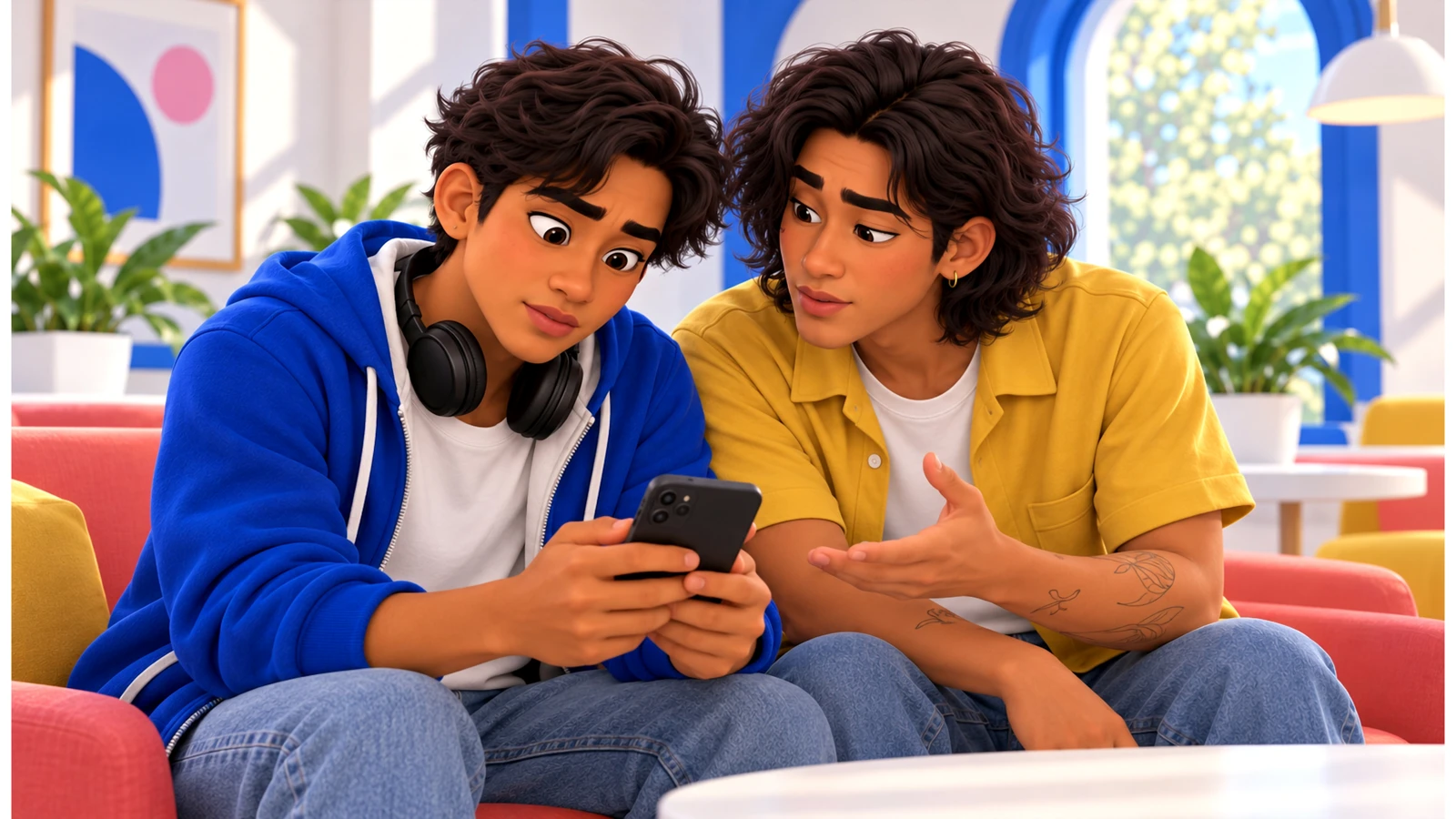 Rafa and Caio review sharing permissions on a phone.