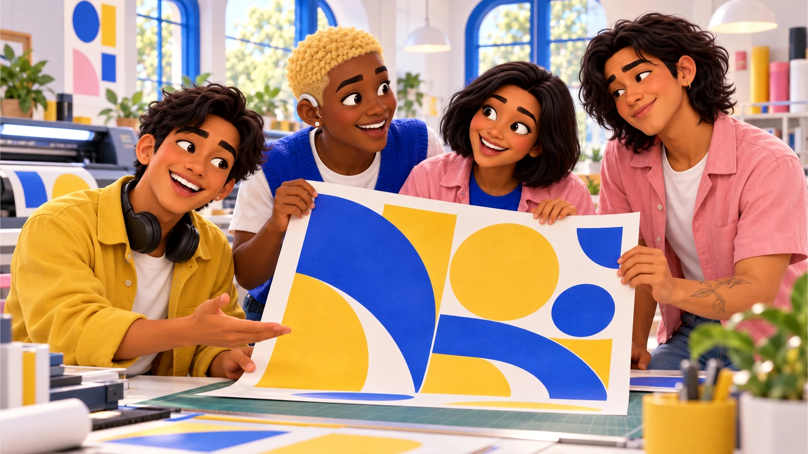 Rafa, Jordy, Mari and Caio laugh over the finished blue-and-yellow poster in the print shop.