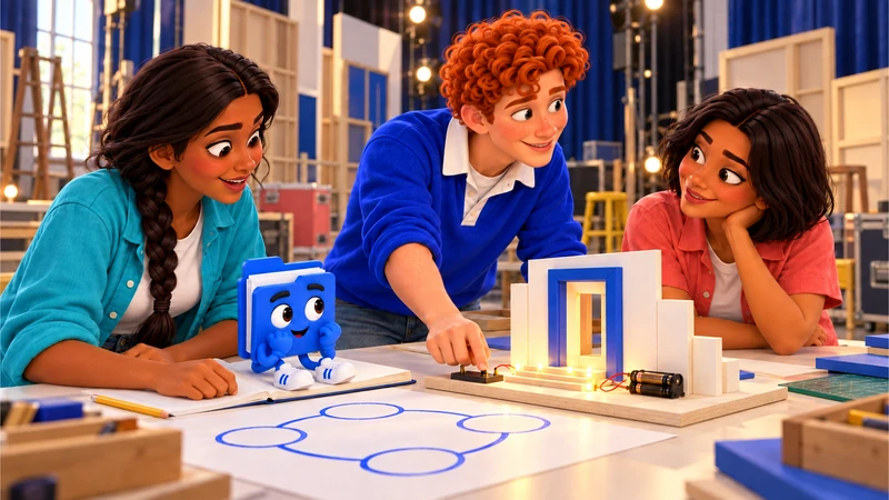 Dec operates the switch on the theatre light circuit while Anika watches the glow and Mari shares his pleased look, with Pauta beside their open task.