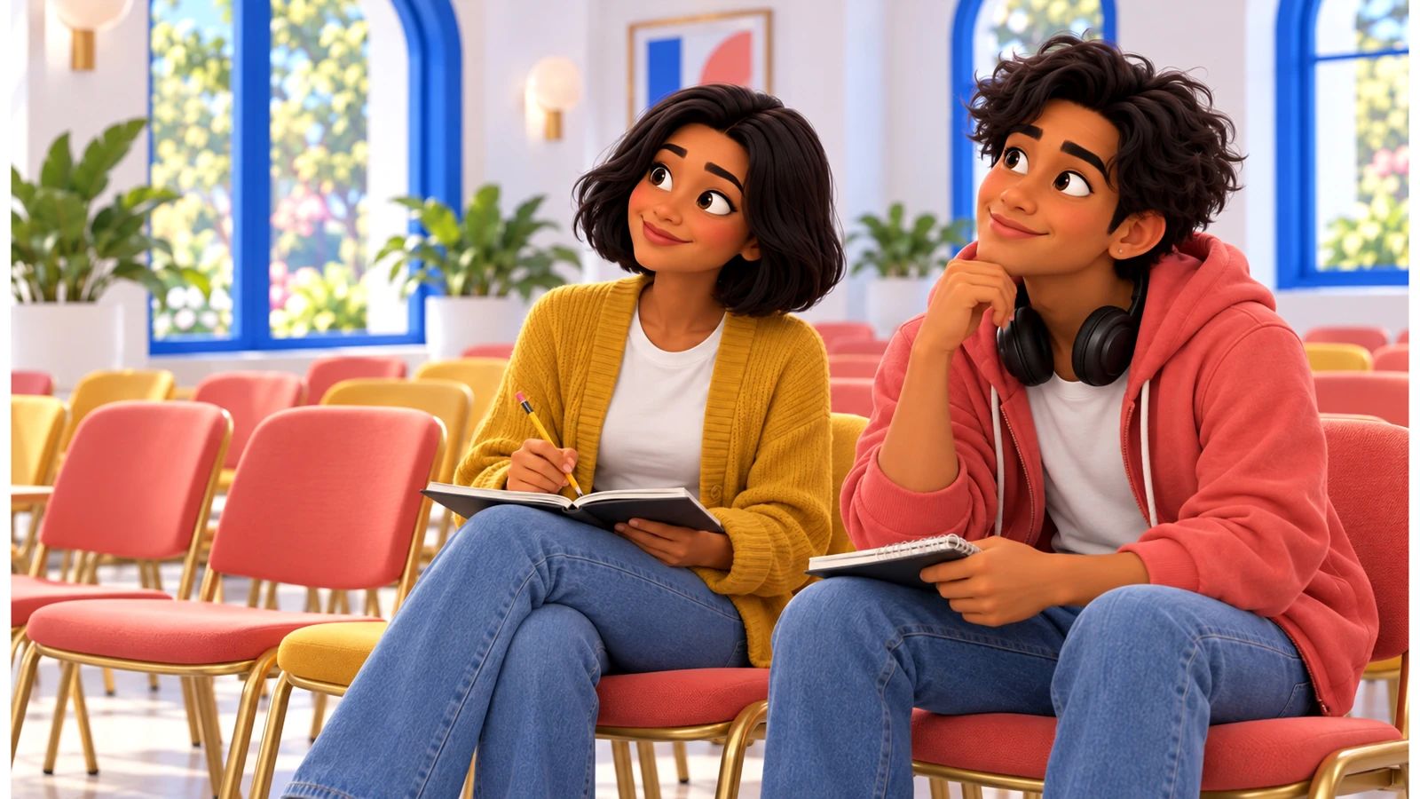 Mari and Rafa listen at a community meeting with their notebooks open.