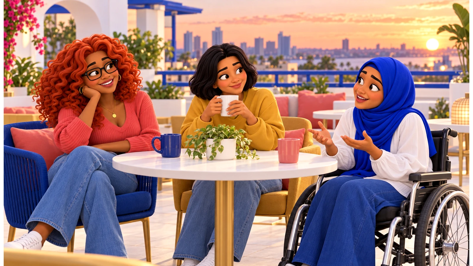 Gia, Mari and Sami share a conversation on an accessible rooftop terrace at sunset.