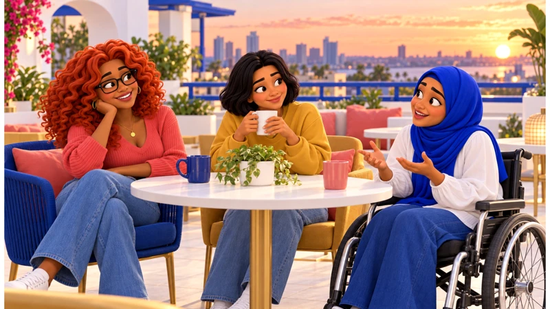Gia, Mari and Sami share a conversation on an accessible rooftop terrace at sunset.