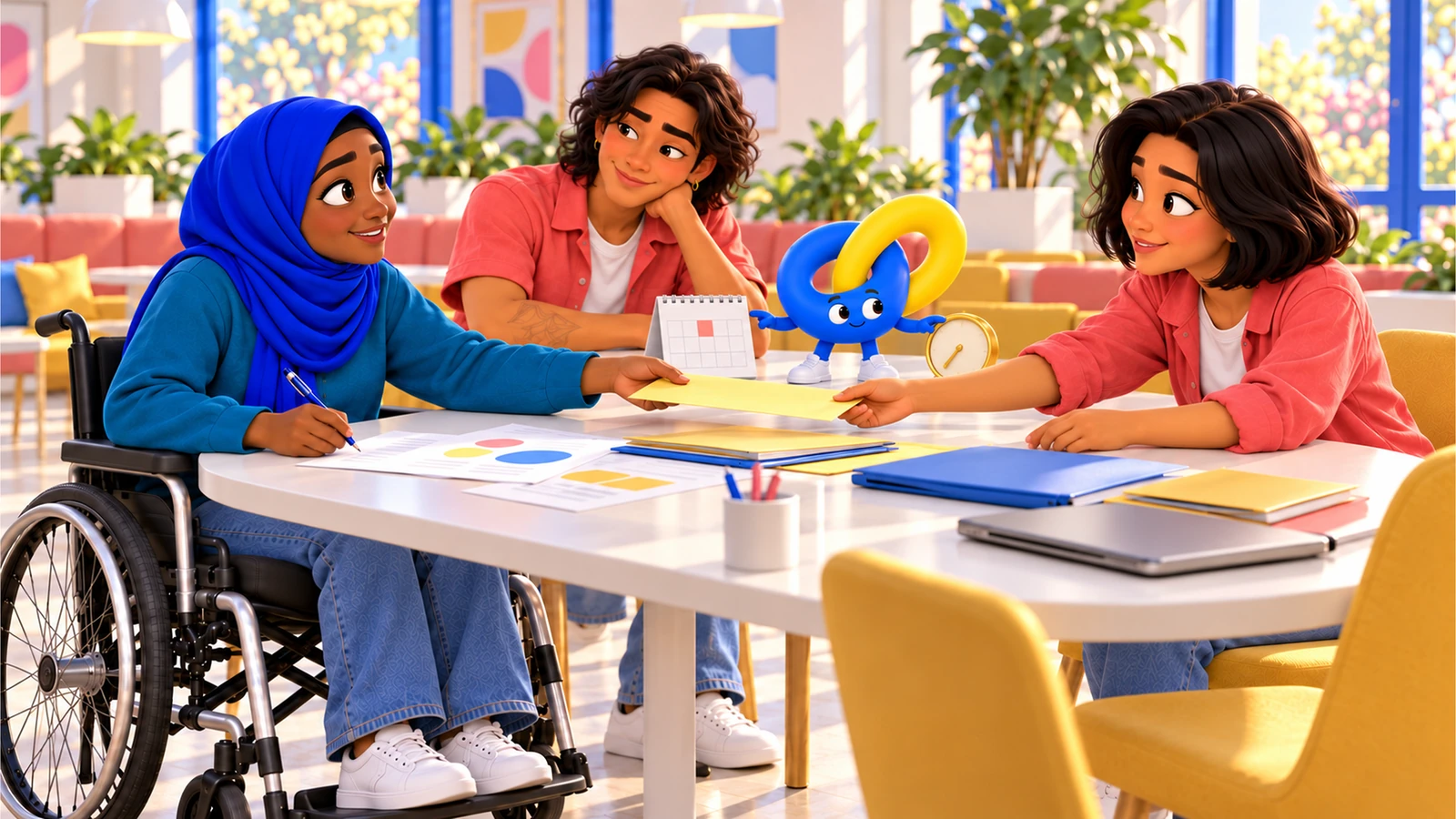 At an accessible white table, Mari passes a yellow invitation sheet to Sami while Caio listens and Nexo connects the calendar with the evening clock.