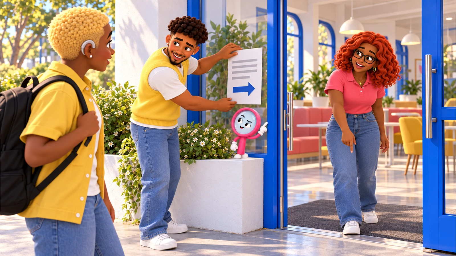 Mateo attaches the arrival notice at the Common Room entrance while Gia points out the doorway, Jordy checks the visitor view, and Lupa prompts a final check.