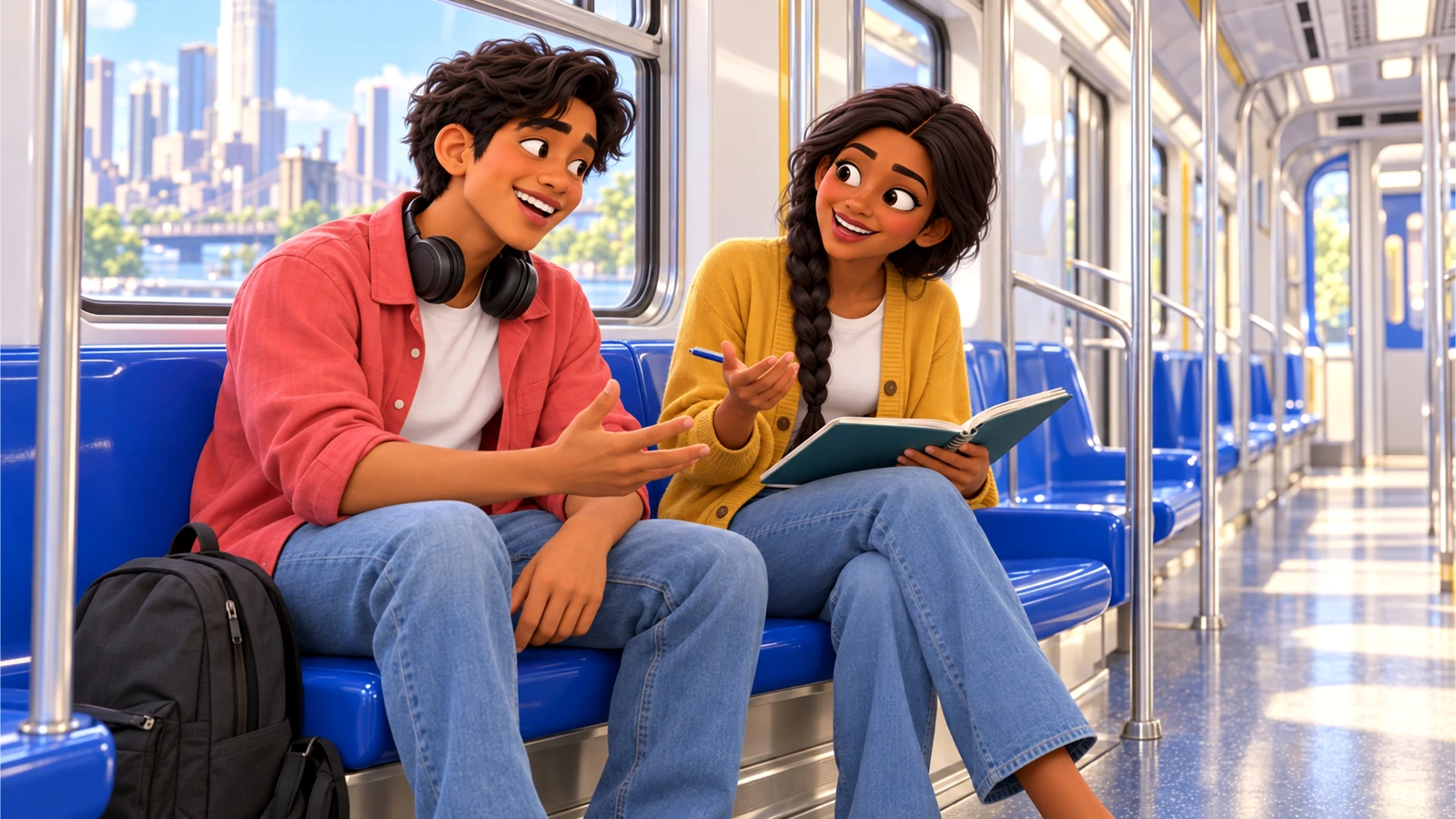 Rafa and Anika talk during a daytime train ride on cobalt seats.
