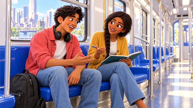 Rafa and Anika talk during a daytime train ride on cobalt seats.