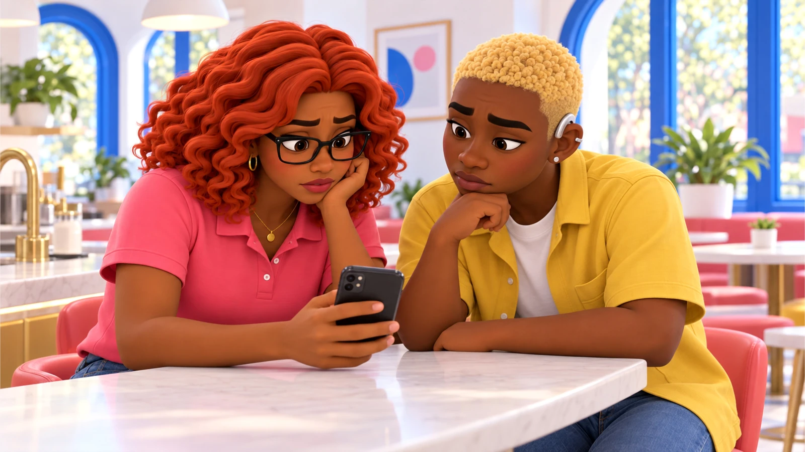 Gia and Jordy look concerned at a phone at the counter.