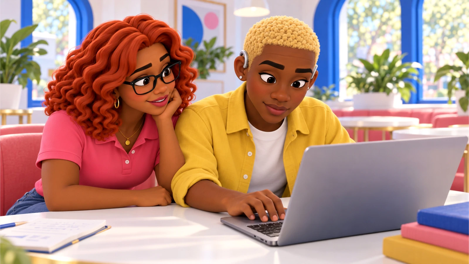 Jordy edits captions at a laptop while Gia watches.