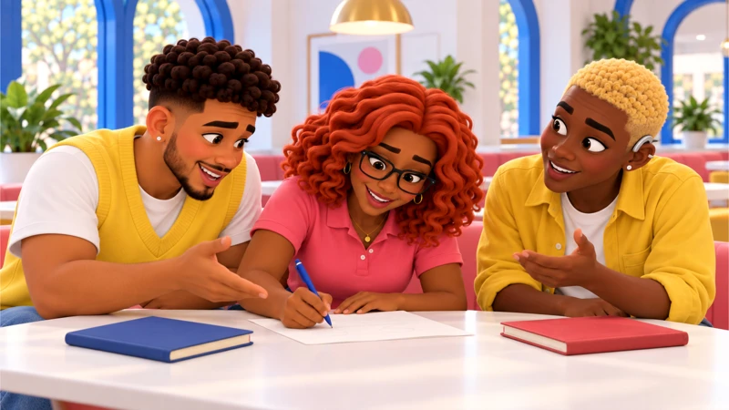 Gia, Mateo and Jordy work together on a correction at a table.