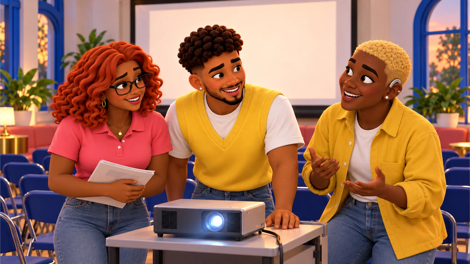 Gia, Mateo and Jordy laugh together beside the ready projector.