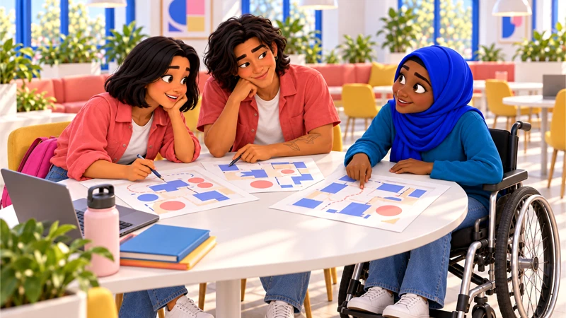Sami, Mari and Caio compare possible layouts at a white worktable.