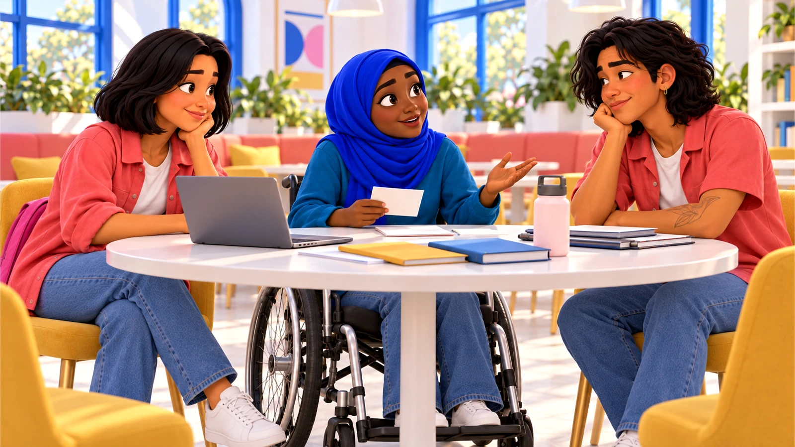 Sami addresses a small community table as Mari and Caio listen.