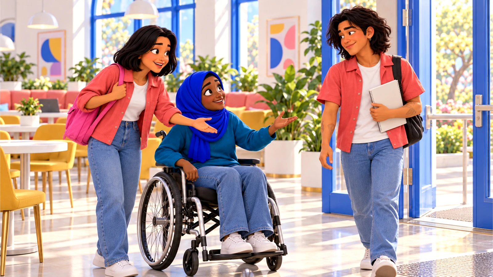 Mari and Sami welcome Caio through an accessible doorway.