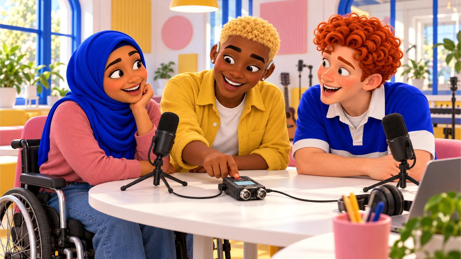 Sami, Jordy and Dec share a laugh while testing the recorder and microphones at their studio table.