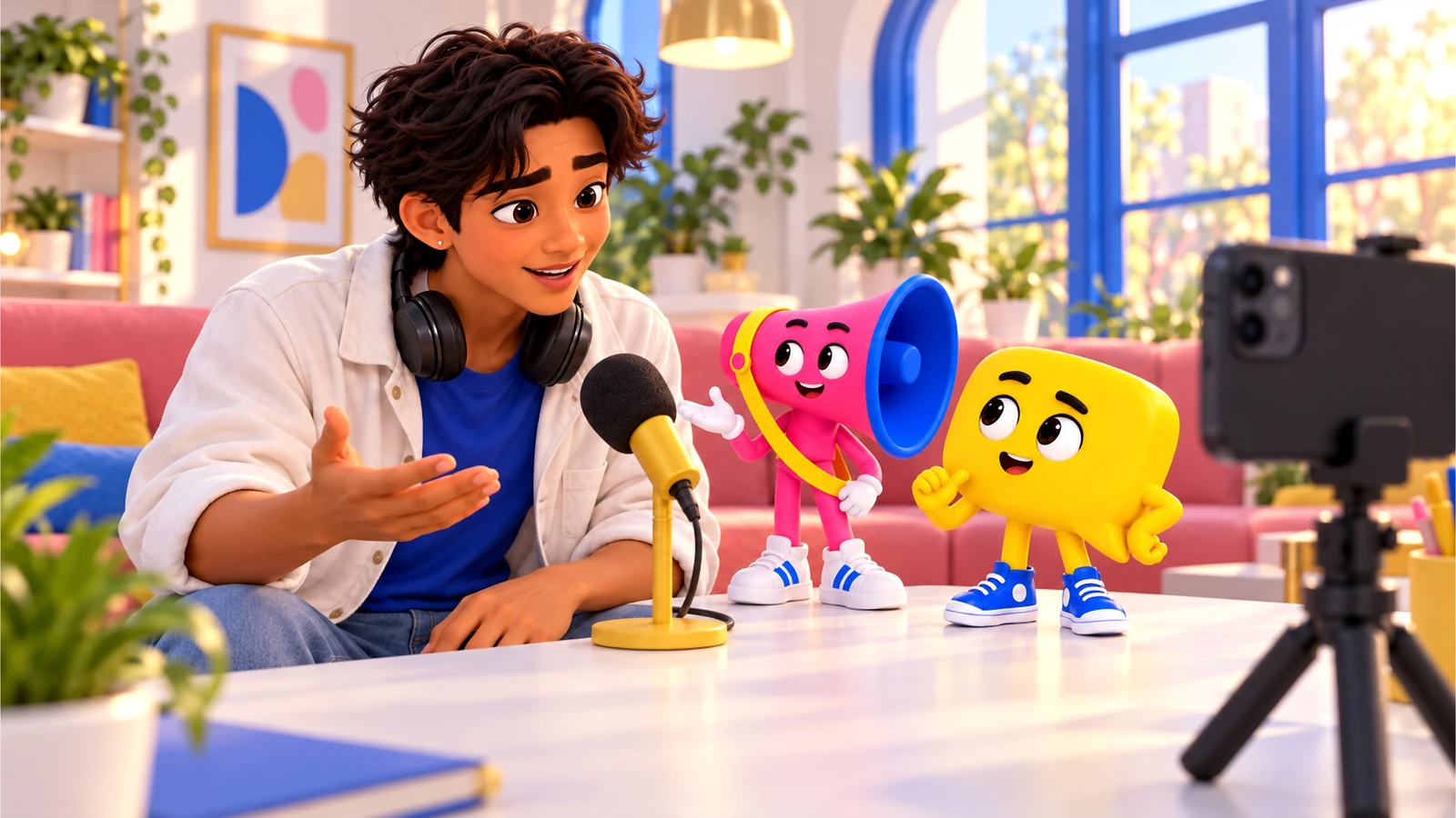 Rafa records a short explainer while Voz and Duda help him think about the question behind it.