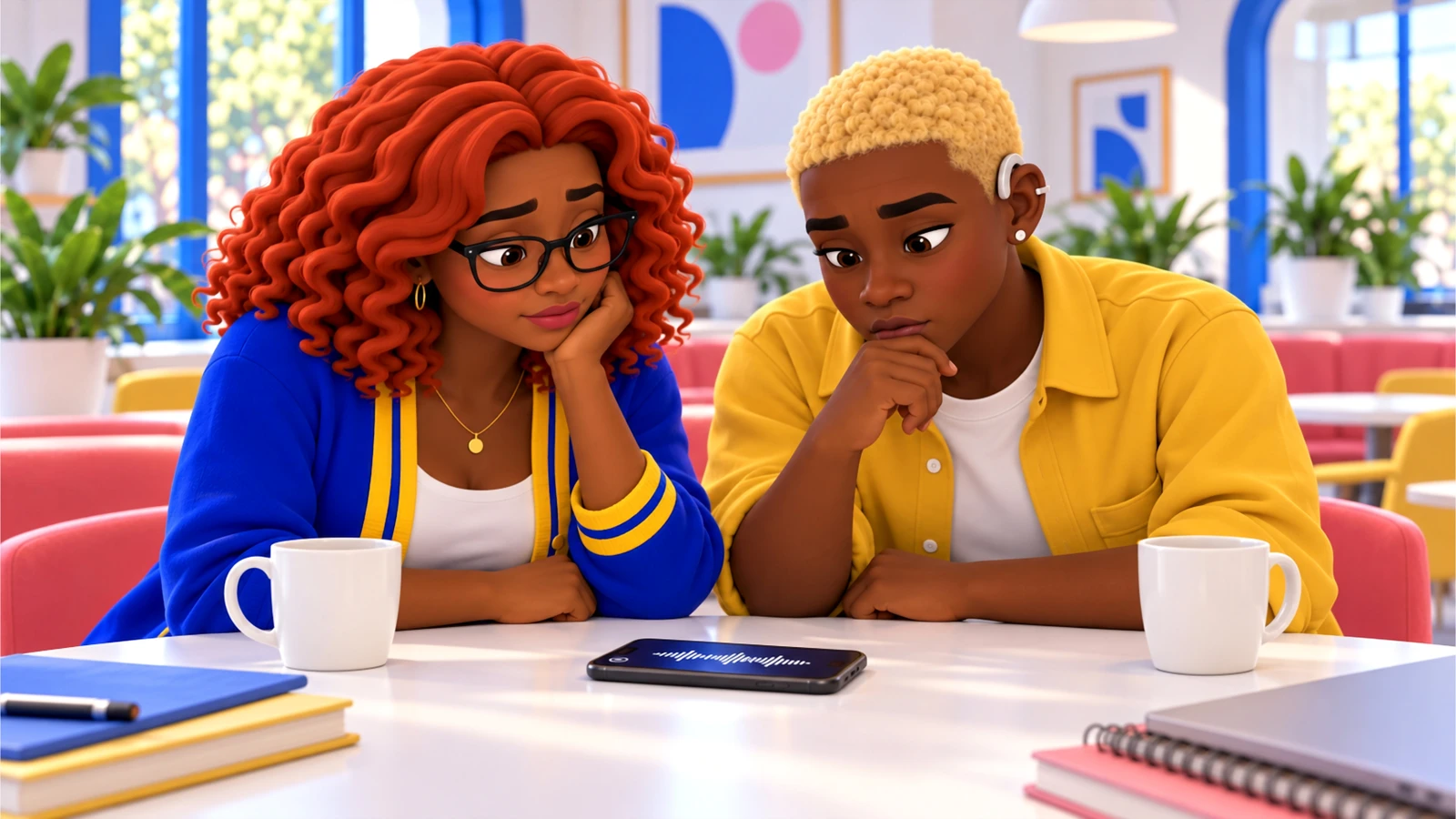 Gia and Jordy listen thoughtfully to a voice note at a white café table.