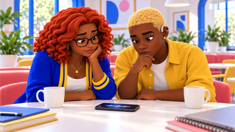 Gia and Jordy listen thoughtfully to a voice note at a white café table.